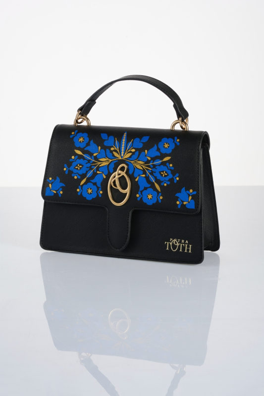 Hand-painted handbag with a blue and gold folk motif